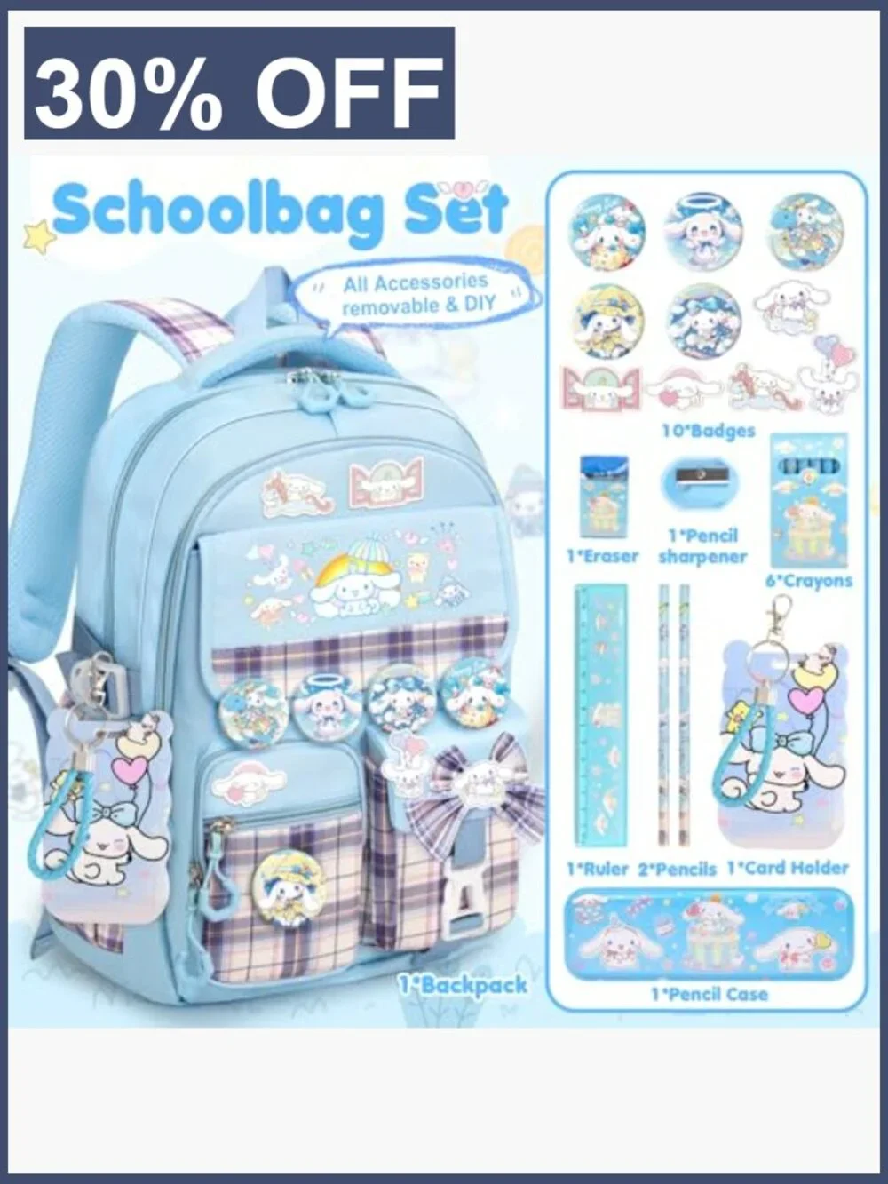 Kids Anti-Theft Backpack with 24 Accessories, Waterproof Nylon School Bag